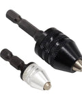 Keyless Drill Chuck Set One Quarter Inch Hex Shank Quick Change Converter For Impact Drills Includes 2 Pieces with black and silver chucks.