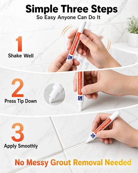 Grout Fix Pen For Tile Grout Lines Waterproof Tile Repair Marker For Ceramic Walls And Floors Quick DIY Refresh In Kitchen Bathroom With Bright White Finish - application process in three steps
