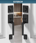 Double Front Door Handle Set With Heavy Duty Square Lever And Single Cylinder Deadbolt For Side By Side Exterior Doors Matte Black Rust Resistant Zinc Alloy Hardware showcasing both handles on a partially open door.