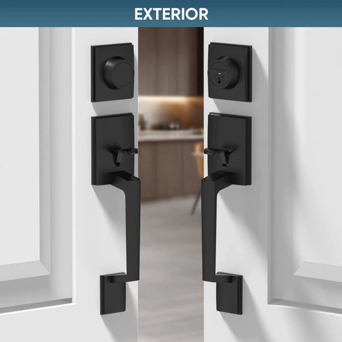 Double Front Door Handle Set With Heavy Duty Square Lever And Single Cylinder Deadbolt For Side By Side Exterior Doors Matte Black Rust Resistant Zinc Alloy Hardware showcasing both handles on a partially open door.