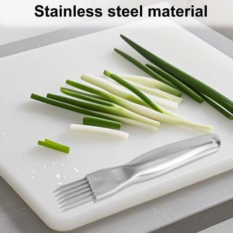 Front view of stainless steel multi-blade shredding knife with handle beside chopped green onions on a cutting board.
