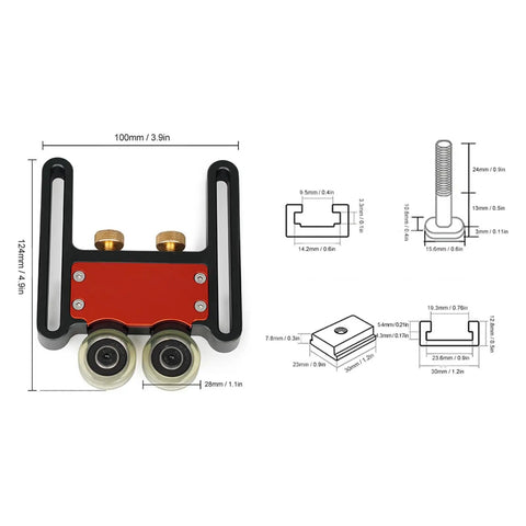 Heavy Duty Aluminum Alloy Featherboard Table Saw Feeder With Double Polyurethane Wheels, dimensions and details shown.