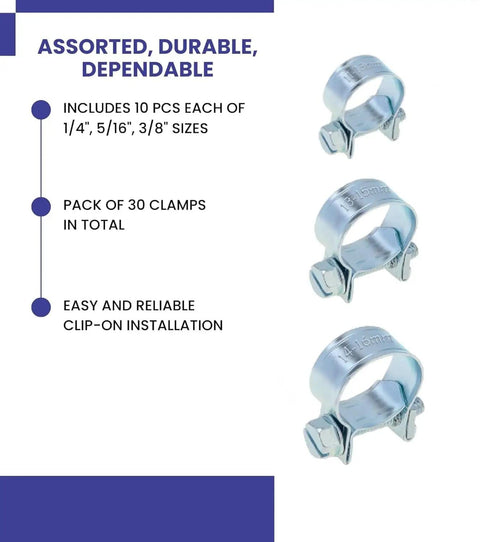 Image showing 30 Piece Mini Hose Clamp Kit With Three Size Assortment One Quarter Inch Five Sixteenths Inch And Three Eighths Inch