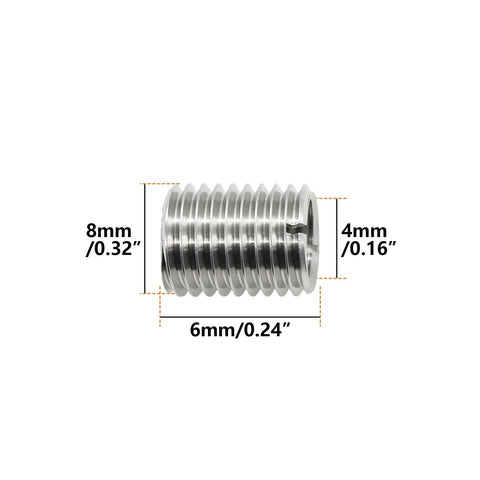 Top Grade Stainless Steel Threaded Inserts For Furniture Hardware 20 Pack M4 M8 L6mm shown with dimensions and detail.