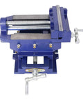 Heavy Duty 6 Inch X Y Cross Slide Drill Press Vise With Precision Milling Adjustment and Hardened Serrated Jaws for Metalworking and Woodworking Benchtop Tools, top view showcasing dual crank handles.