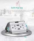 Round Pop Up Floor Outlet Box With 20 Amp USB Tamper Resistant Receptacle ETL Listed in stainless steel, open on countertop