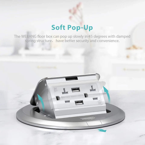 Round Pop Up Floor Outlet Box With 20 Amp USB Tamper Resistant Receptacle ETL Listed in stainless steel, open on countertop
