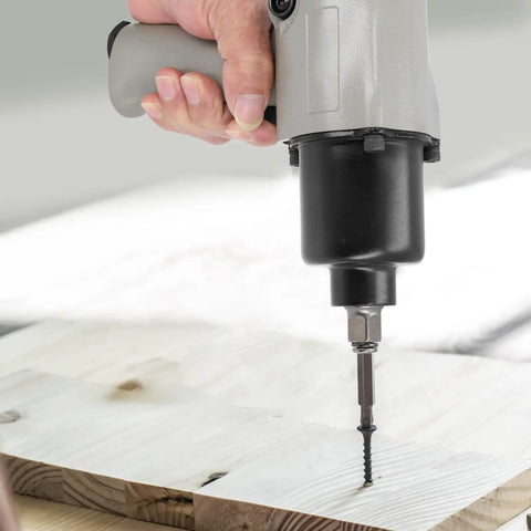 Heavy Duty Pneumatic Impact Wrench With 1 4 Inch Square Drive And 410 Nm Knockout Torque Aluminum Air Powered Tool in use on wooden surface.