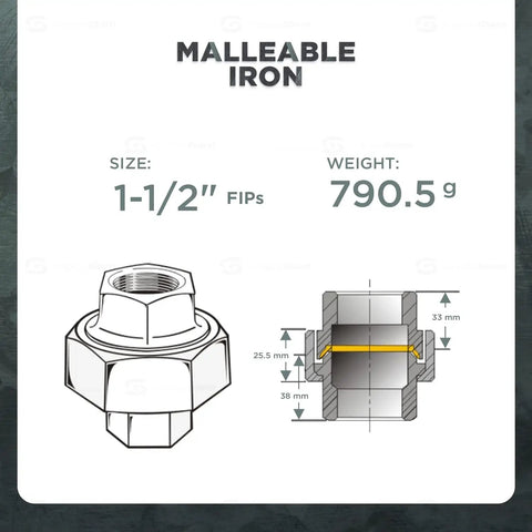 1-1/2 Inch Galvanized Malleable Iron Straight Union With Female Threaded Ends, 150 Lb Rating, Heavy Duty Pipe Fitting For Plumbing, UL ULC FM Approved, 1-1/2 FIPs