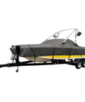 Heavy-duty boat cover with wakeboard tower fit for boats 20'-22', in durable marine-grade fabric, all-weather protection.