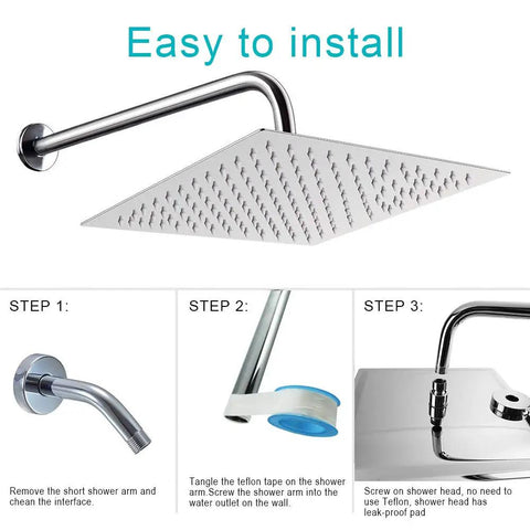 12 Inch Rain Shower Head With 15 Inch Extension Arm Chrome Finish, Big Square Rainfall Shower Head For Full Body Coverage, Stainless Steel Build, Luxury Waterfall Style, Easy Install In Minutes installation guide
