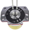 Front view of ABS pump motor assembly; silver housing with black gasket and two white tubes