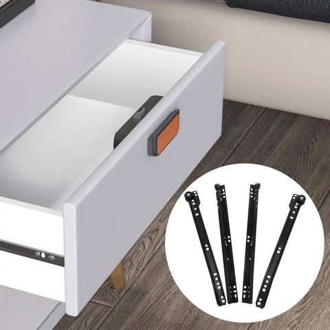 Lock In That Smooth Storage With Twelve Inch Bottom Mount Drawer Slides Heavy Duty Metal Sliding Rail Pair For Quiet Gliding Operation And Pro Level Install showcasing a drawer partially open with metal rails.