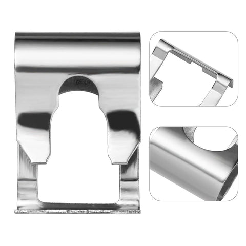Top Quality 6 Piece Windscreen Wiper Fixing Clips In Manganese Silver For Quick Car Repair And Linkage Clamp Fixes On Most Common Vehicles To Get You Back On The Road In A Jiffy. Silver metal wiper linkage clip, close-up view