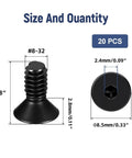 20 Pcs No 8-32 Flat Head Socket Cap Screws Pro Grade Beefy Alloy Steel 10.9 Countersunk Bolts with size dimensions.