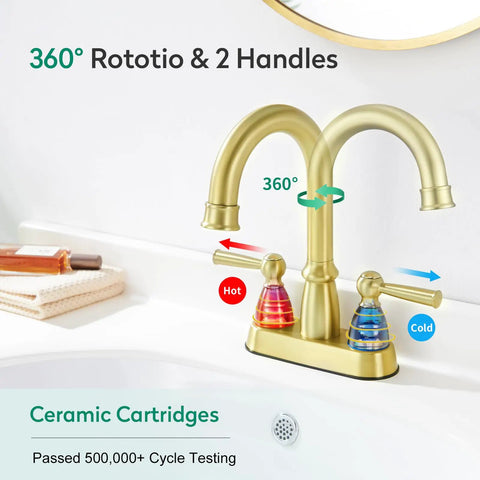 Brushed Gold Bathroom Faucet With 4 Inch Centerset Two Hole Design, Double Handles, Pop Up Drain, 360 Degree Swivel Spout