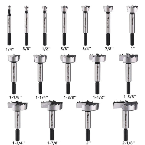 Heavy Hitter 16 Piece High Carbon Steel Forstner Drill Bit Set With Hex Shank For Smooth Woodworking, various sizes shown.