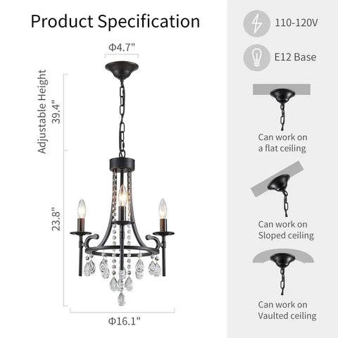 3 Light Candle Pendant Ceiling Light Fixture Black Finish For Dining Room Living Room Bedroom Hallway Bar Kitchen Modern Chandelier With E12 Base 120V 60W Max Per Bulb Bulbs Not Included 16.1 Inch Wide 23.8 Inch High with diagram showing dimensions and ceiling compatibility