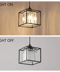 Plug In Pendant Light With Cord In Black Metal Cage And Crystal Accents, shown with light on and off, 6.7"W x 5.9"H