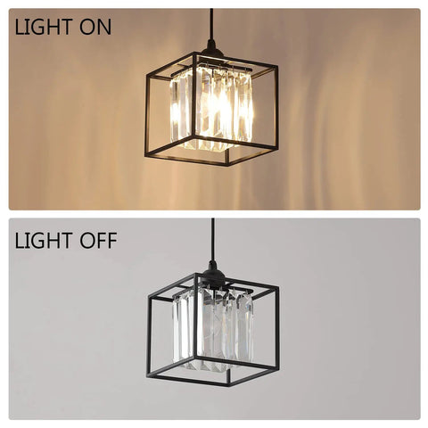 Plug In Pendant Light With Cord In Black Metal Cage And Crystal Accents, shown with light on and off, 6.7"W x 5.9"H