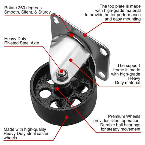Heavy Duty 3 Inch Steel Swivel Caster Wheels With Flat Plate Mount No Brake High Gauge Iron Build Smooth Roll For Shop Carts Big Loads And Warehouse Gear Tough As Nails Hardware That Just Gets The Job Done close-up view of iron caster wheel with riveted axle and flat mount plate