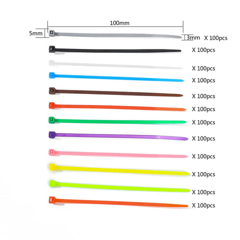 Massive 1200 Pack Multicolor Zip Ties 4 Inch Self Locking Nylon Cable Ties Set In 12 Colors arranged by color with size details