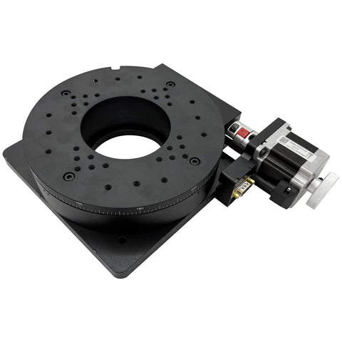 Pro Grade Hollow Shaft Worm Drive Motorized Rotary Index Table With Synced Step Driver For Dead Center Angular Positioning and Smooth Control on Heavy Lifting Automation Tasks top view with central hole and control motor.