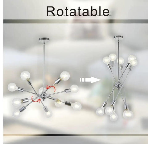 Rotatable six light Sputnik chrome pendant chandelier for kitchen and dining, entryway, mid century modern farmhouse vibe.