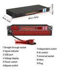 Ten Outlet Power Sequencer Conditioner With Independent Controls And Clear Digital Voltage Display For Touring Stages Amplifiers And Home Listening Rooms Us Plug showing front and back with ports.