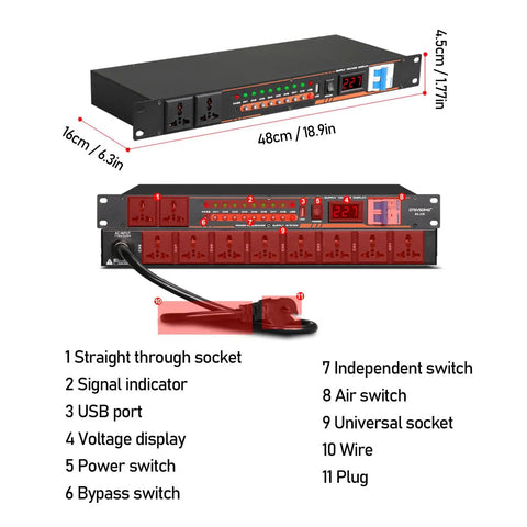 Ten Outlet Power Sequencer Conditioner With Independent Controls And Clear Digital Voltage Display For Touring Stages Amplifiers And Home Listening Rooms Us Plug showing front and back with ports.