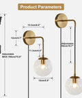Dimensions and features of Mid Century Modern Globe Wall Sconce Set Of Two Plug In Brushed Brass Gold Finish With Clear Bubble Glass Balls.