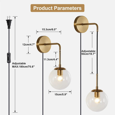 Dimensions and features of Mid Century Modern Globe Wall Sconce Set Of Two Plug In Brushed Brass Gold Finish With Clear Bubble Glass Balls.