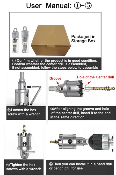 User manual for Pro Grade Tungsten Carbide Hole Saw Kit For Hard Metal, 12 Piece Set, includes assembly and usage instructions.
