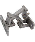 Angled view of stainless steel adjustable hidden door hinge with dual mounting flanges for heavy doors.