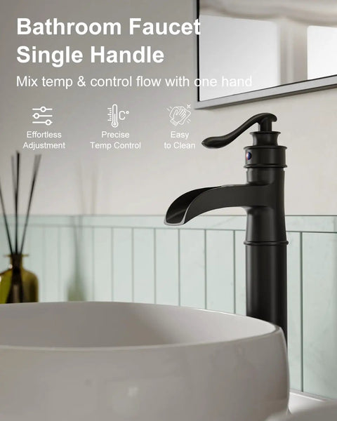 Vessel Sink Faucet Waterfall Matte Black With Pop Up Drain Without Overflow And Supply Lines One Handle Vanity Bathroom Mixer Tap Durable Solid Brass Construction Sleek Dope Finish in bathroom