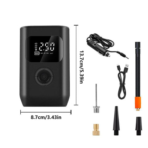 Slick Wireless Rechargeable Car Air Compressor Fast Tire Inflator With Easy Digital Display Auto Shutoff, USB and car charger included.