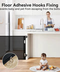 Retractable Baby Gate for Stairs and Doorways, 0-71 Inch Adjustable Mesh Gate in kitchen with floor adhesive hooks