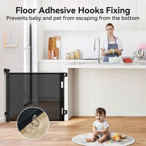 Retractable Baby Gate for Stairs and Doorways, 0-71 Inch Adjustable Mesh Gate in kitchen with floor adhesive hooks