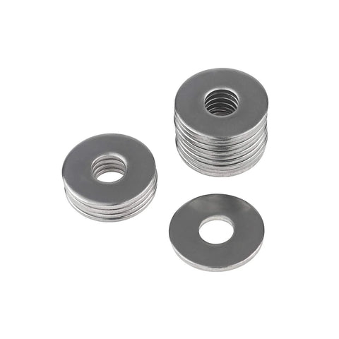 M8 flat washers, 304 stainless steel, 100 pcs; front view with stacked washers.