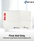 Front view of two large white metal first aid cabinets with red vertical First Aid label and First Aid Only logo.