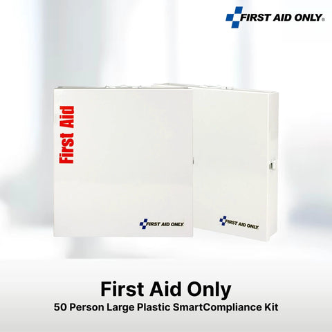 Front view of two large white metal first aid cabinets with red vertical First Aid label and First Aid Only logo.