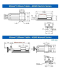 Technical drawing of KR60 Electric and Manual Series with 60mm x 120mm table, dimensions and structure detailed