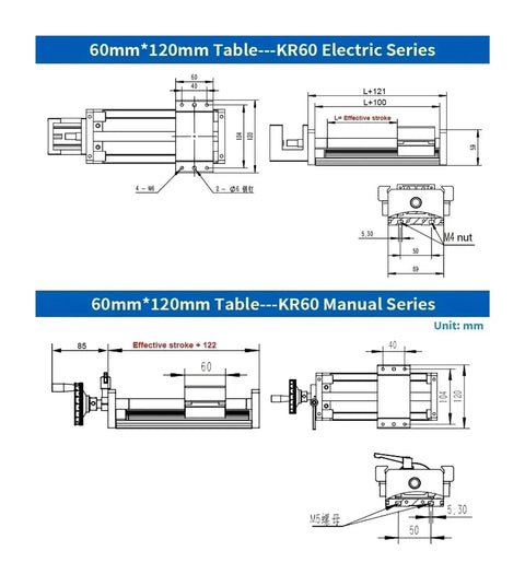 Technical diagram of X Y Z Axis Slide Stage Module for precision CNC, electric and manual series, dimensions 60x120mm table