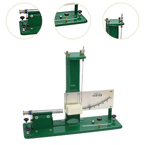 Hands On Pendulum Impact Lab Tool for physics class with green metal base and adjustable components, 40cm by 12cm design.