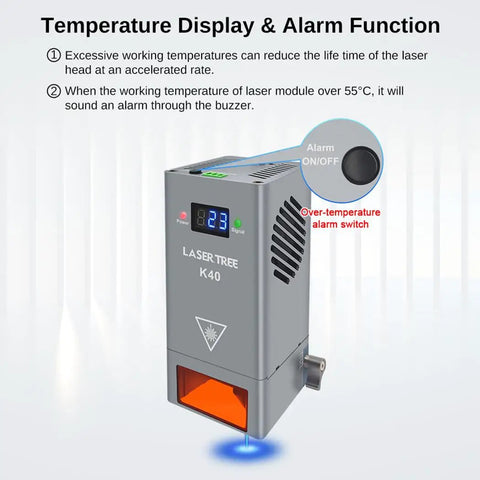 40W Diode Laser Module with Air Assist for Engraving and Cutting, featuring boss grade power, temperature display, and alarm