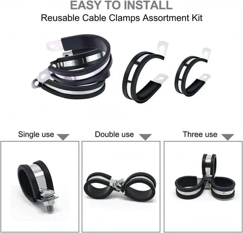 56 Piece Large Stainless Steel Rubber Coated Cushioned Insulated Cable Clamps Kit for automotive and plumbing, shown in single, double, triple use