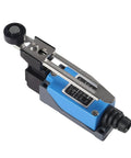 Momentary Limit Switch With Adjustable Roller Lever Arm NC NO For CNC Mills Lasers Plasma Cutters And 3D Printers Door Switch Built Tough And Ready With Industrial Grade Precision And Reliable Performance In Aluminum Alloy Shell close-up view of blue aluminum body with roller lever arm.