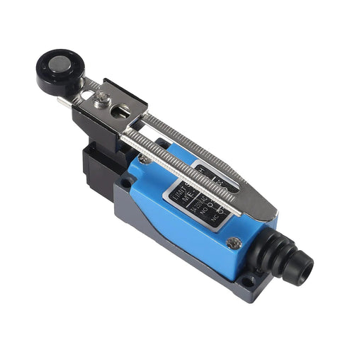 Momentary Limit Switch With Adjustable Roller Lever Arm NC NO For CNC Mills Lasers Plasma Cutters And 3D Printers Door Switch Built Tough And Ready With Industrial Grade Precision And Reliable Performance In Aluminum Alloy Shell close-up view of blue aluminum body with roller lever arm.