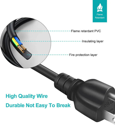 Close-up view of a 3 Prong Power Cord For 3 Feet AC SVT 18AWG C13 To NEMA 5-15P UL Listed Replacement Cord showcasing flame retardant layers.