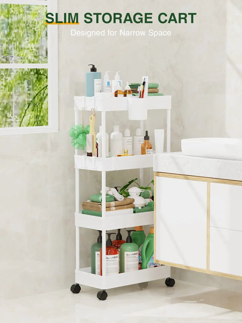 Slim Rolling Storage Cart Four Tiers For Narrow Spaces Mobile Bathroom And Kitchen Organizer with toiletries